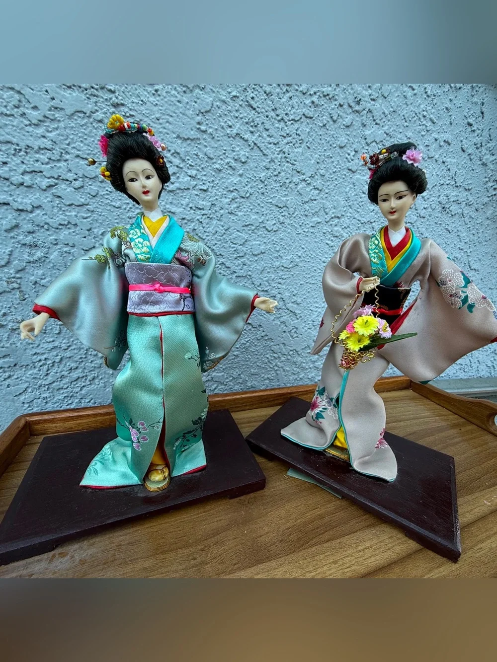 Vintage Japanese Geisha Kimono Dolls Lot of 2 Wooden Base 10